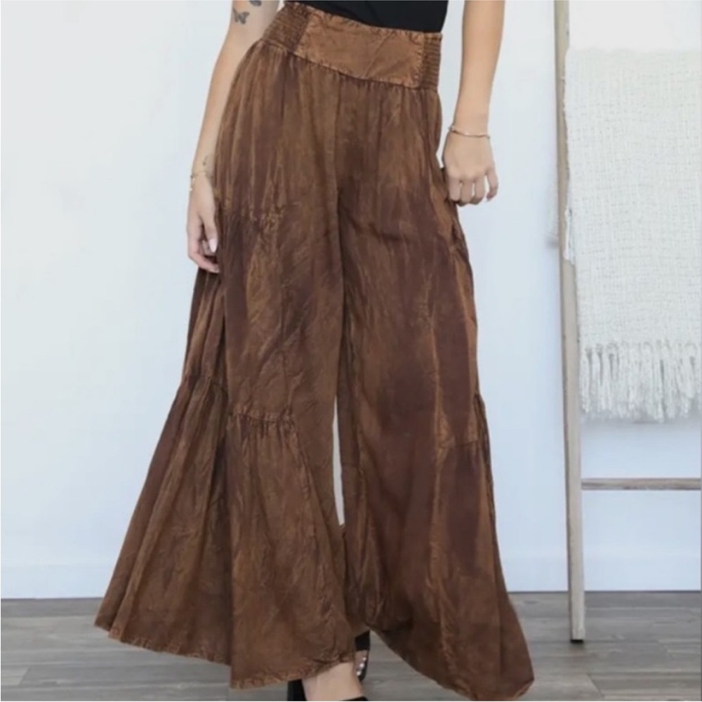 NWT Nostalgia Mineral Washed Boho Palazzo Pants Wide Leg Tiered NWT